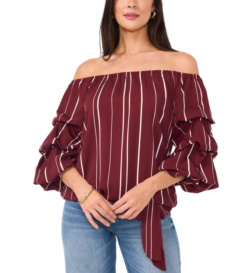 Vince Camuto Women Striped Off the Shoulder Bubble Sleeve Blouse Merlot Size L